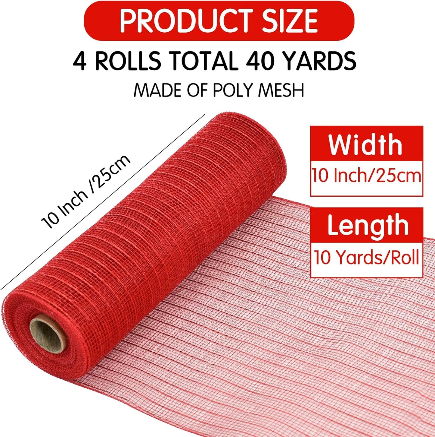 TONIFUL 4 Roll 10 Inch Red White Green Gold Decorative Mesh Ribbon Rolls, Fabric Mesh with Foil for Wreaths Front Door Decor Christmas Festival Party Accessories Party Decoration Supplies (10yds/roll