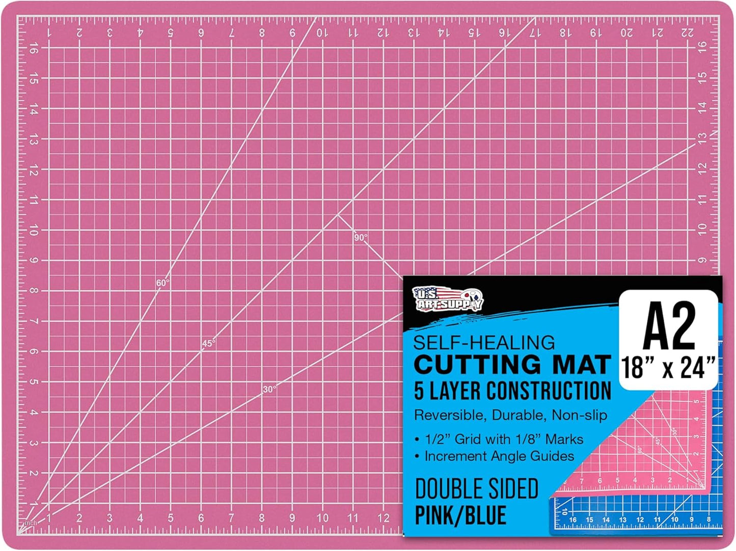 U.S. Art Supply 18" x 24" Self-Healing Cutting Mat 5-Ply - Double-Sided Pink/Blue Craft Mat, Non-Slip Cutting Mats for Crafts, Sewing, Quilting, Scrapbooking