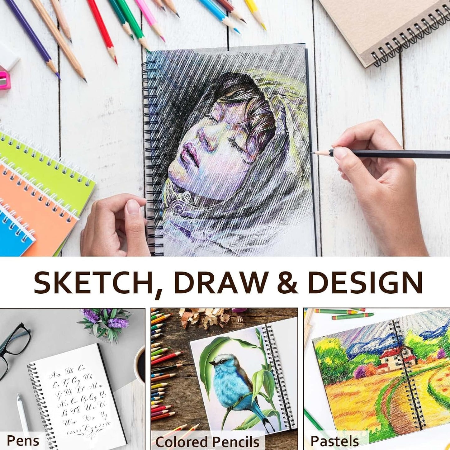 JOY SPOT! 9x12 Inch Sketch Book, Pack of 2, 200 Sheets (68 lb/100gsm), Spiral Bound Artist Sketch Pad for Artist Pro & Amateurs | Marker Art, Colored Pencil, Charcoal for Sketching