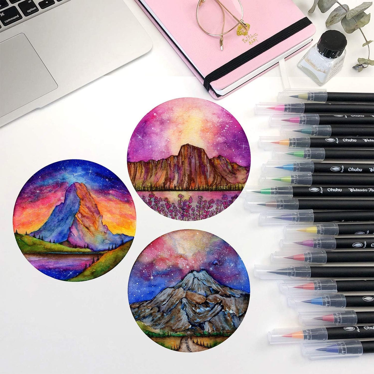 Professional Watercolor Brush Markers Pen 24 Colors of Ohuhu, Water Based Drawing Marker Brushes W/A Blending Aqua Pen, Water Soluble for Adult Coloring Books Comic Calligraphy