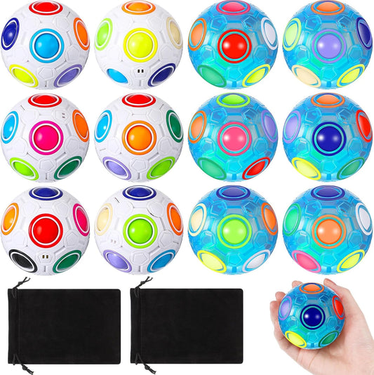 12 Pack Rainbow Puzzle Ball Magic With 2 Pcs Pouches Fidget Toy for Boys and Girls Speed Cube Funny Stress Reliever for Kids Teen and Adults (White, Blue)