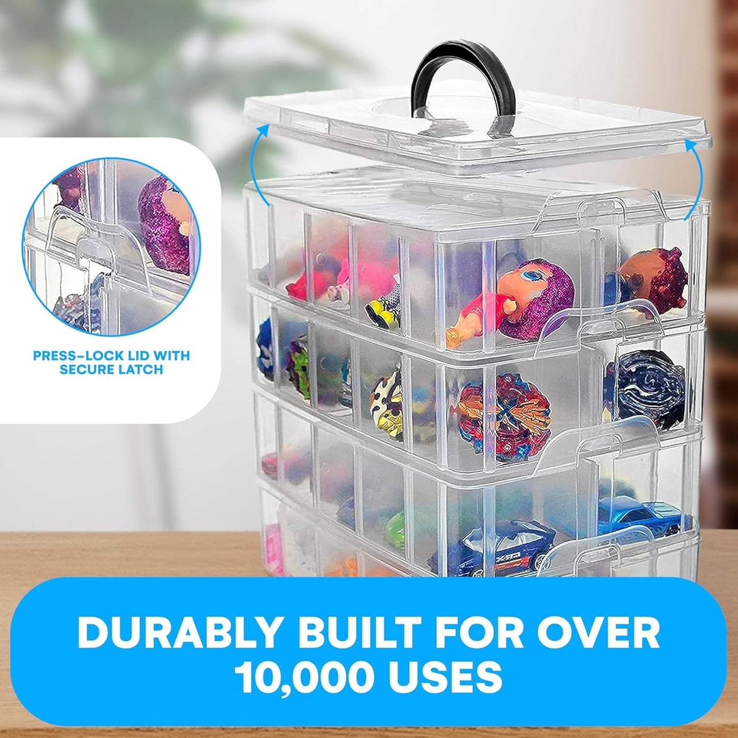 Bins & Things Clear 4-Tier Stackable Storage Containers with lids - 40 Adjustable Compartments for Craft Organizers - Storage box for Jewelry, beads, kids toys, makeup box and sewing supplies