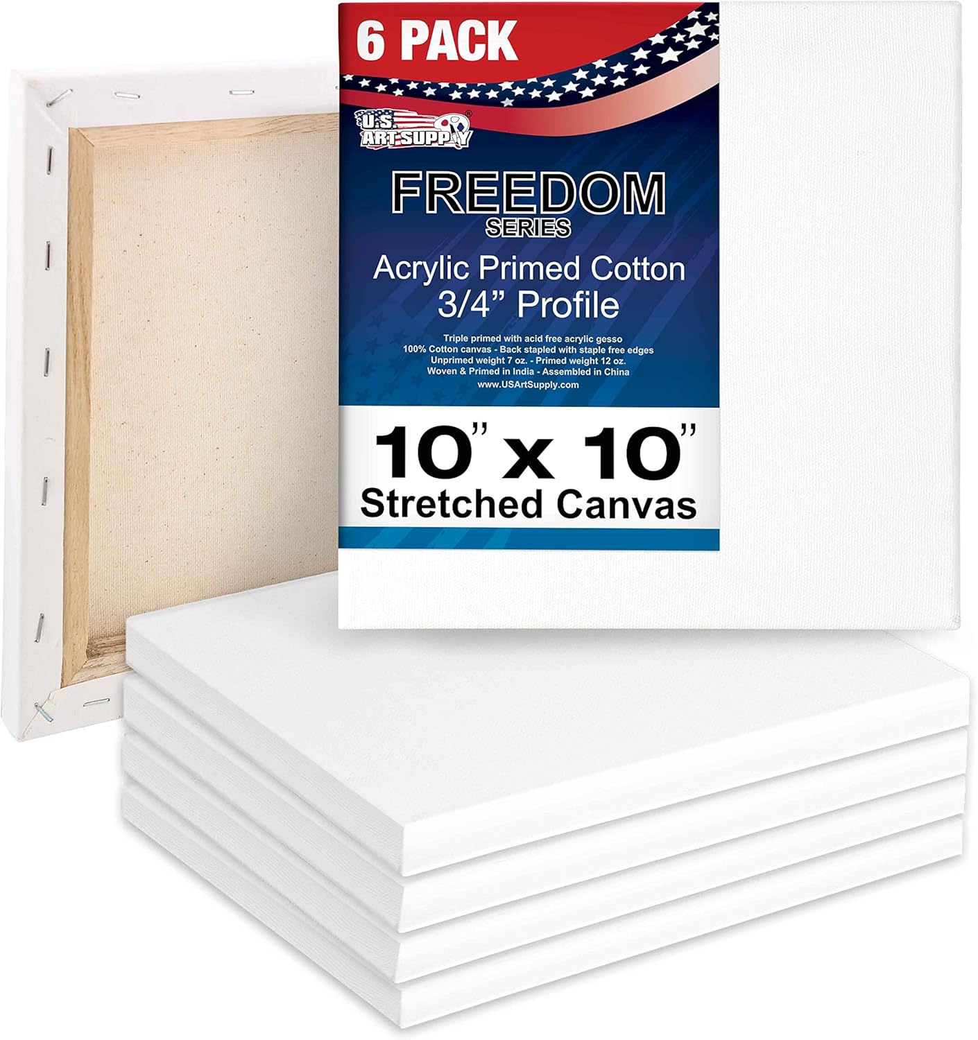 U.S. Art Supply 10 x 10 inch Stretched Canvas for Painting, 12oz Triple Primed, 6-Pack - Professional Artist Quality White Blank 3/4" Profile, 100% Cotton, Heavy-Weight Gesso - Acrylic Pouring, Oil