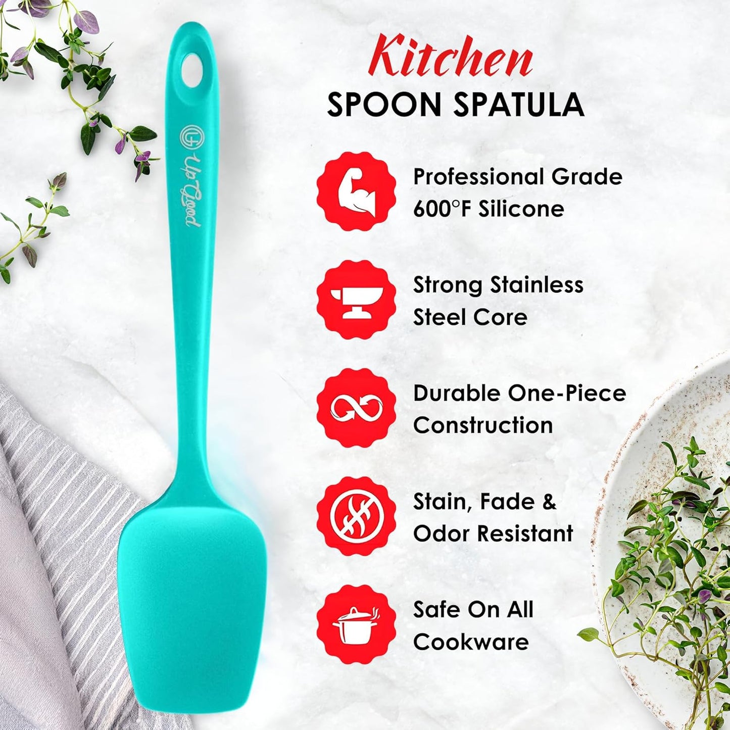 Silicone Spoon Spatula - 600ºF Heat-Resistant Non-Stick Rubber Spoonula | Use as Silicone Kitchen Scraper Utensil - Baking and Cooking Strong Stainless Steel Core | UpGood Kitchen Utensils, (Teal)