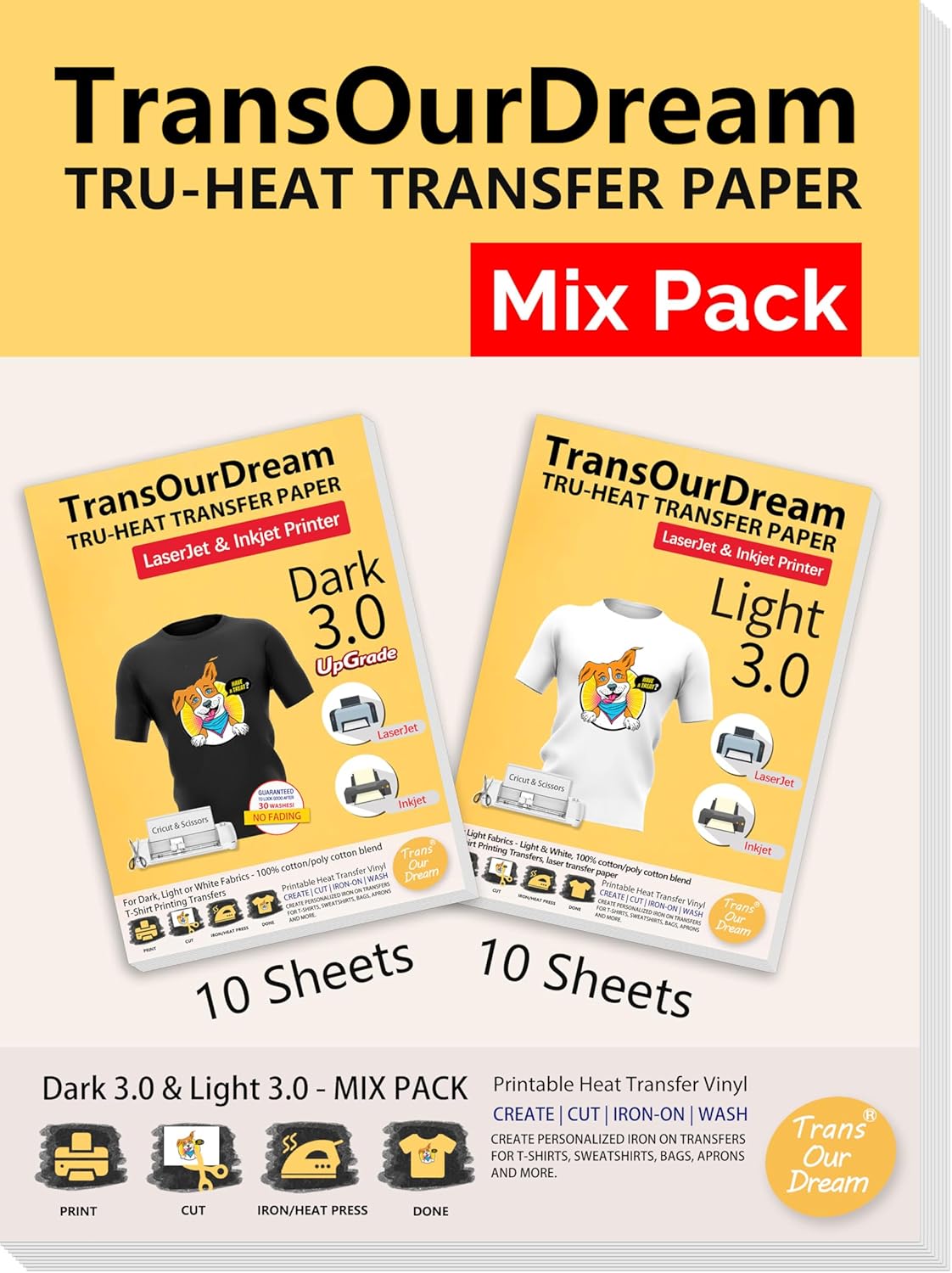 TransOurDream Iron on Heat Transfer Paper for Dark and Light T Shirts (10+10 Sheets, 8.5x11, Mix Pack) Printable HTV Heat Transfers Vinyl for Laserjet & Inkjet Printers (D3L3)