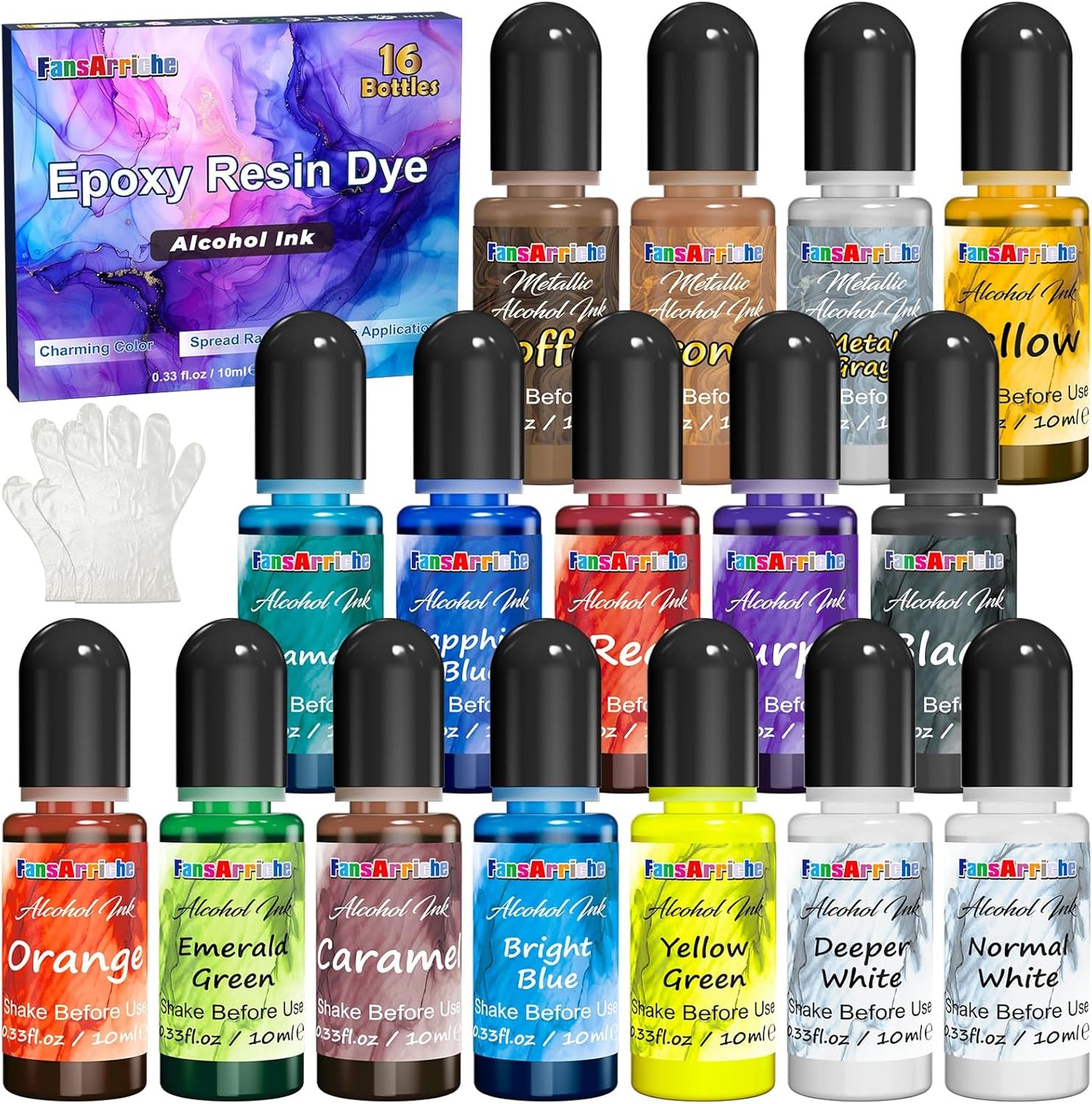FansArriche Alcohol Inks for Resin, 16 Colors High Concentrated Alcohol Ink Set for Epoxy Resin, Alcohol-Based Resin Ink for Coasters, Fluid Painting Crafts, Tumbler Making, 10 ml Each