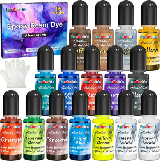 FansArriche Alcohol Inks for Resin, 16 Colors High Concentrated Alcohol Ink Set for Epoxy Resin, Alcohol-Based Resin Ink for Coasters, Fluid Painting Crafts, Tumbler Making, 10 ml Each