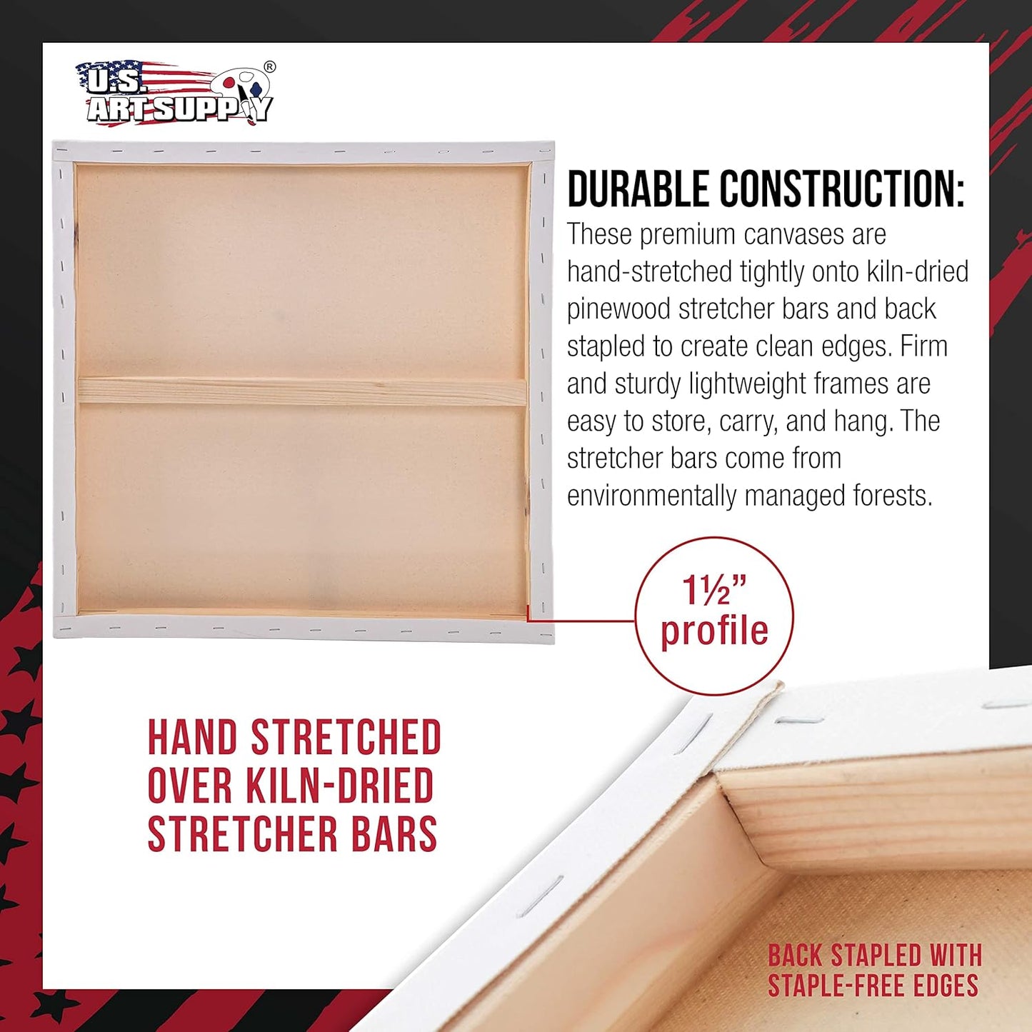 U.S. Art Supply Large Stretched Canvas for Painting 24x24 inch Gallery Depth 1-1/2" Thick, 3-Pack - 12oz Acrylic Gesso Triple Primed, Professional Artist Quality, 100% Cotton - Oil, Pouring Paint