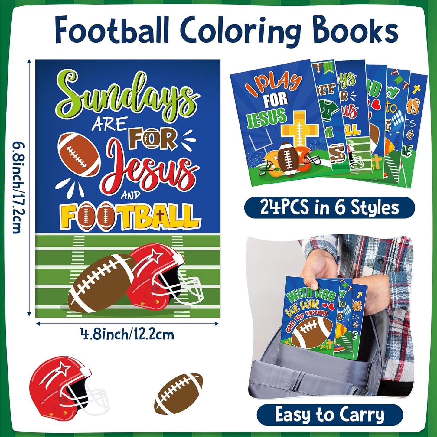 JAPBOR Football Coloring Books for Kids - 24PCS Mini Christian Themed Color Book Bulk Party Favors, Religious Jesus Bible Small Colour Pages for Sunday School Church Classroom Drawing Painting Games
