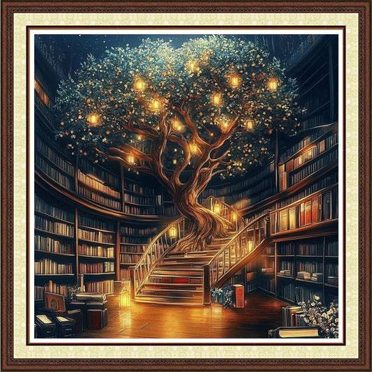 Findvoor Counted Cross Stitch Kits for Adults Full Range of Cross Stitching Embroidery Unprinted Pattern for Beginners, 11CT Needlepoint Kit Patterns Embroidery Kits-Magic Bookstore Tree 18x18inch