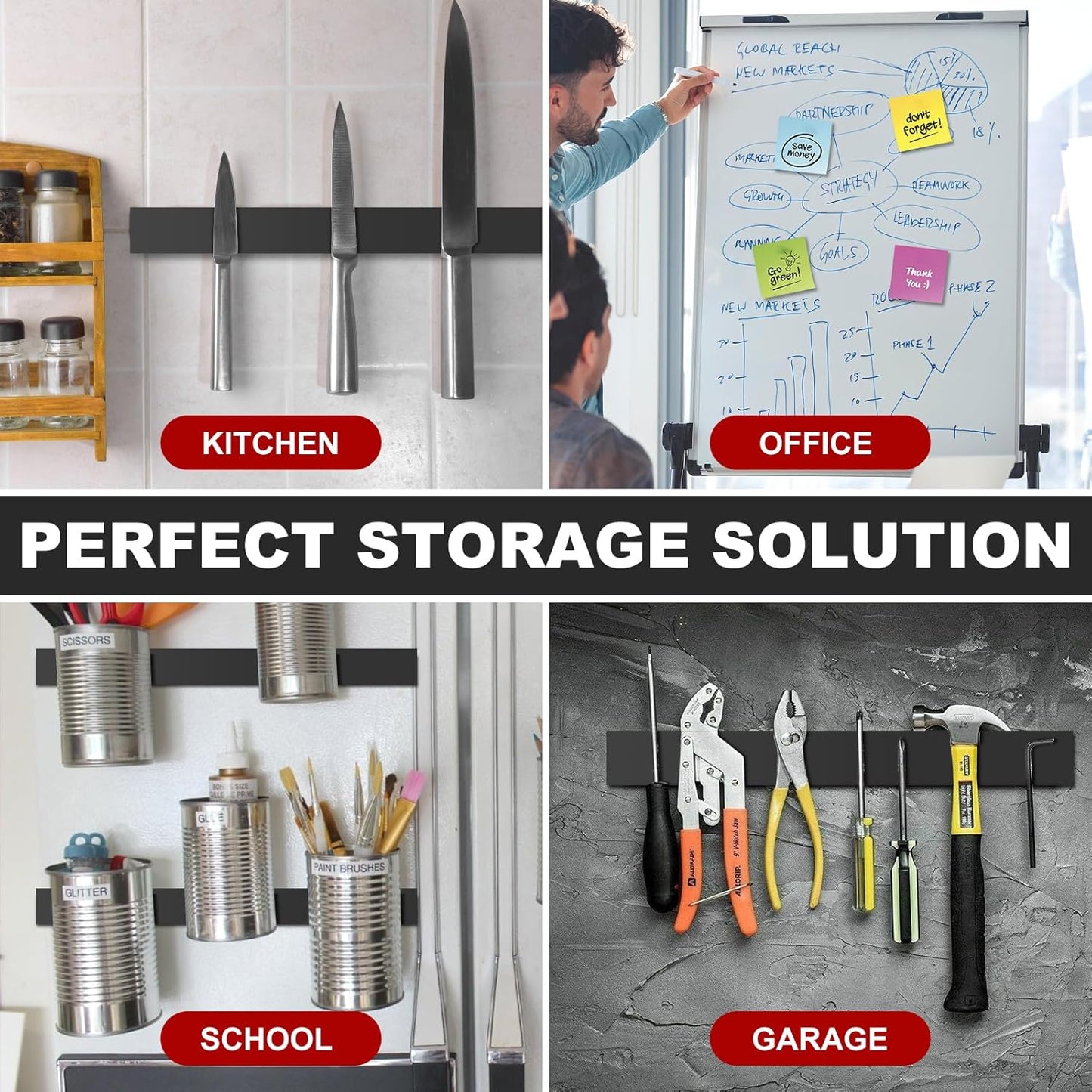 Magnetic Strip, Flexible Magnetic Strips with Adhesive Backing (10 Pack, 6" x 1") Strong Sticky Magnetic Tape for Kitchen, Garage and Garden - Adhesive Knife Magnet Tape Strip Holder Strip for Wall