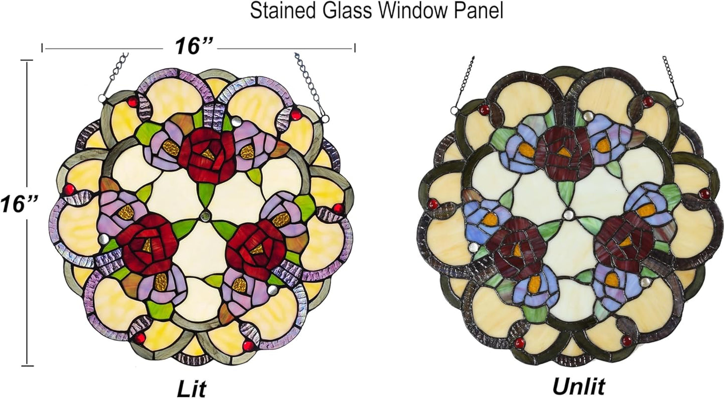 PA0001 Rose Flowers Stained Glass Window Panel W 16" x H 16" Window Suncatcher Tiffany Style Ornament, Home Hanging Decorations