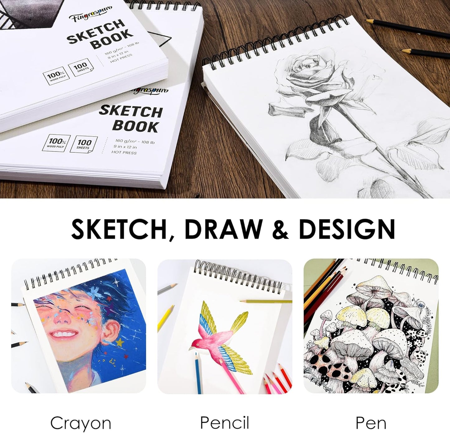 Fingraspuro 9"x12" Sketch Book, 100 Sheets, 108lb/160gsm, Top Spiral Bound Sketch Pad, Art Supplies, Sketchbook for Drawing, Acid-Free Hot Press Drawing Pad, Suitable for Various Art Tools