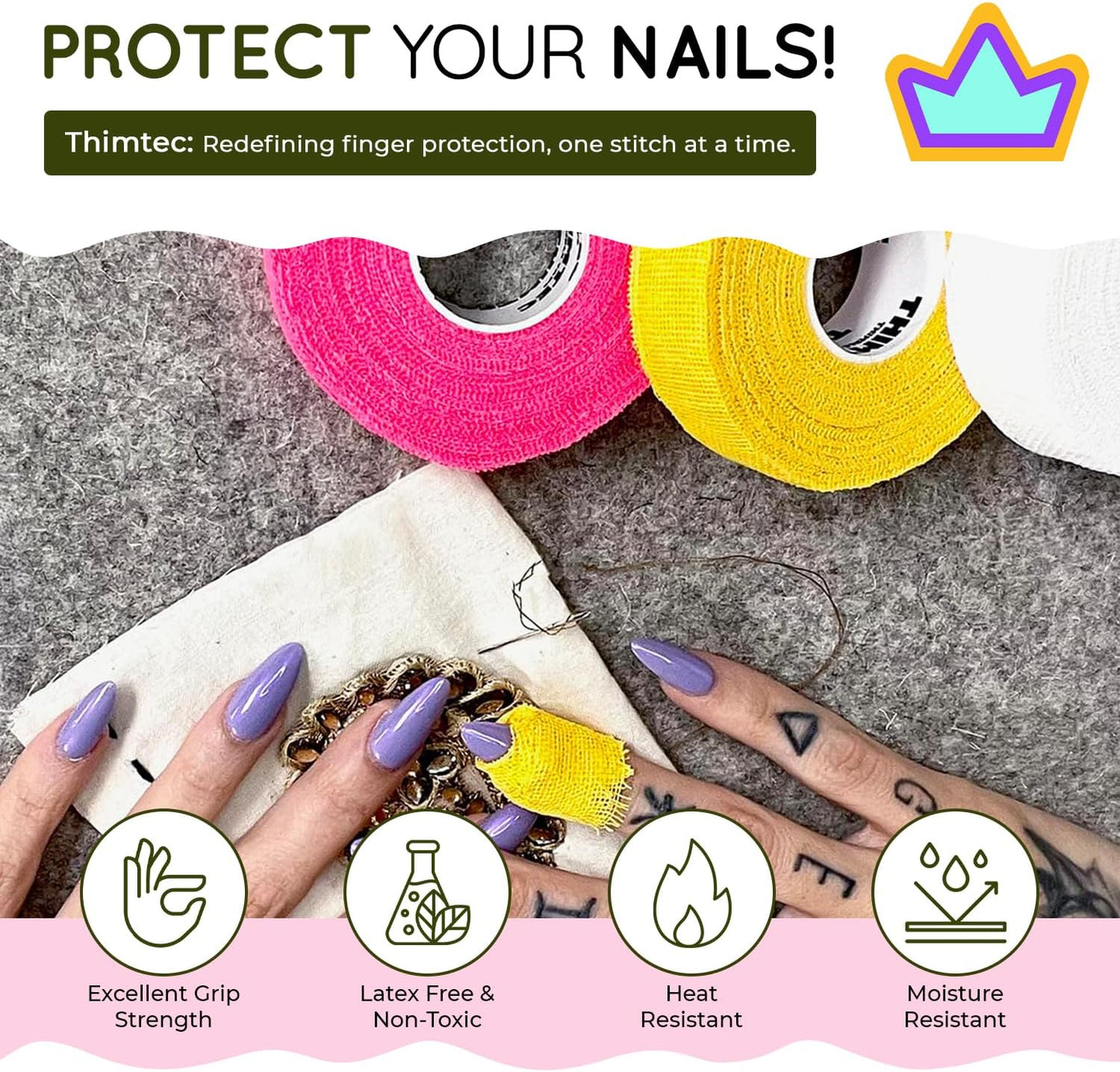 THIMTEC - The Original Thimble Tape for Hand Sewing - Fully Adjustable Nail & Finger Protector - A Smarter Alternative to Classic Knitting Thimbles - Multicolor, 3-Pack