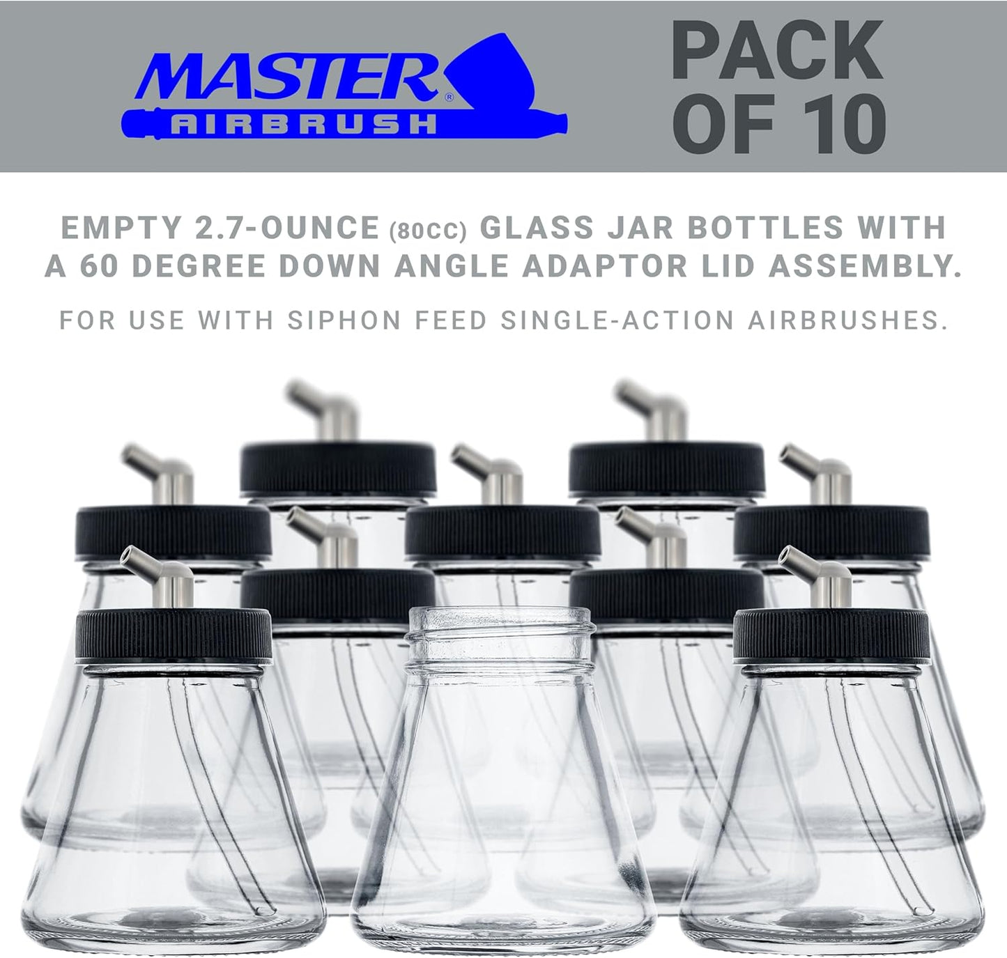 Master Airbrush (Pack of 10) TB-004 Empty 2.7-Ounce (80cc) Glass Jar Bottles with 60° Down Angle Adaptor Lid Assembly - Fits Single-Action Siphon Feed Airbrushes, Use with Master Badger Paasche, Iwata