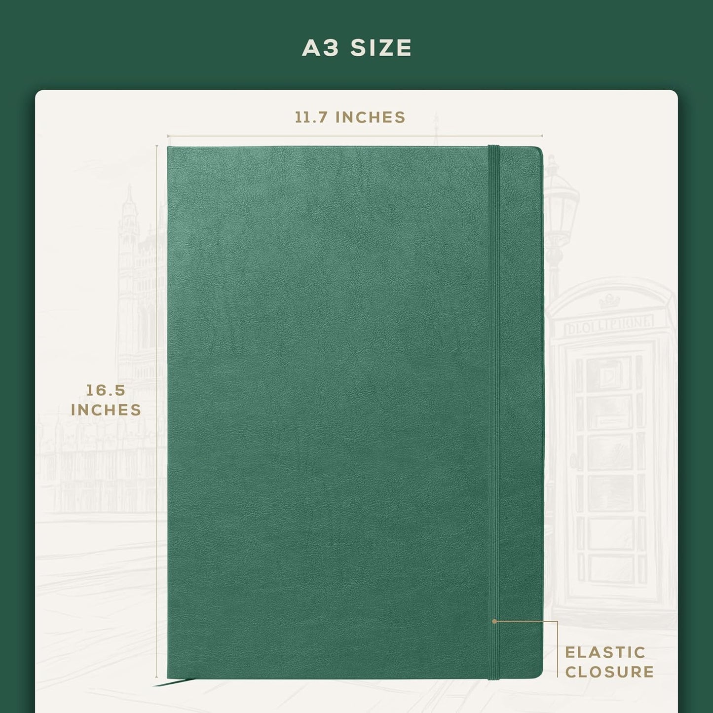 Beechmore Books A3 Sketchbook – 11.7x16.5 Premium Vegan Leather Bound Large Sketch Book Hardcover with 160 Thick 160gsm Perforated Ivory Pages, Blank Sketch Pad Gift Boxed Back Pocket Ribbon Bookmark