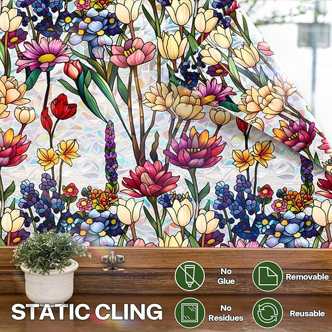 Stained Glass Window Film UV Resistant Window Privacy Film Colorful Flowers Privacy Rainbow Decals Living Room Bedroom Sun Blocking Decor Removable Static Cling Stickers 17 x 78.74 Inch