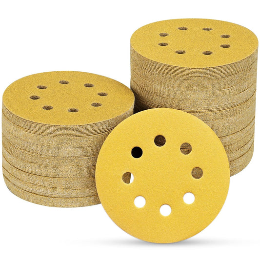 100PCS 5 Inch 8 Hole Sanding Discs 220 Grit,Gold Round Hook and Loop Sandpaper for Random Orbital Sander