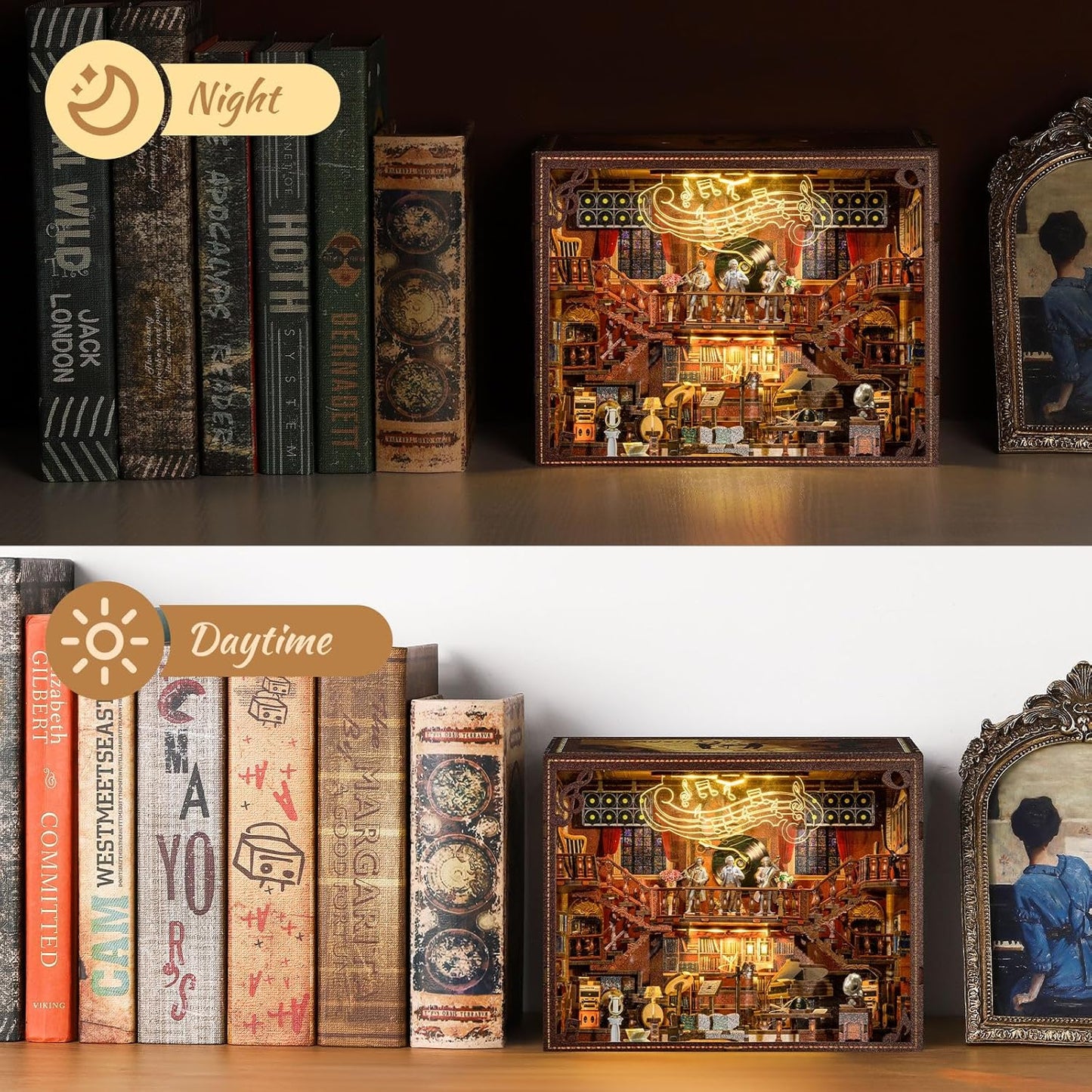 Book Nook Kit - 3D Wooden Puzzle for Adults and Teens, DIY Miniature Bookshelf Insert with LED Light, Ideal Gift for Family, Friends（Maestro's Study）