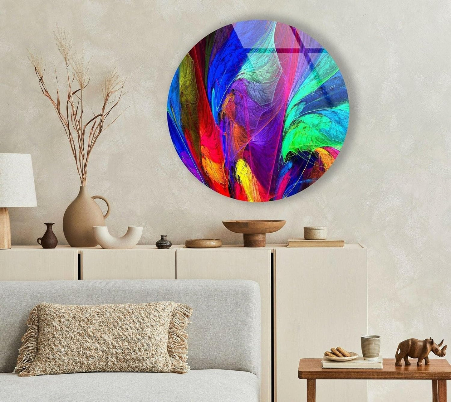 My Photostation.com 24''(60cm) Diameter Neon Colors Abstract Round Glass Wall Art Tempered Glass Printing Wall Decor Large Wall Art Wall Hangings