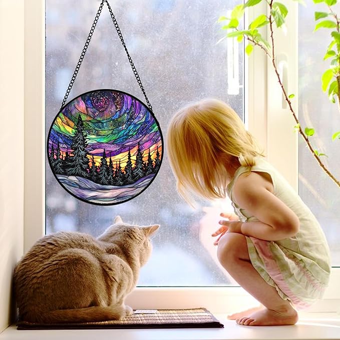 Stained Glass Window Hanging, Van Gogh Night Scene Sun Catchers Colorful Glass Panel Starry Sky Suncatcher Decor for Birthday for Women, Men, Wife, Aunt, and Mom 11.8x11.8 in