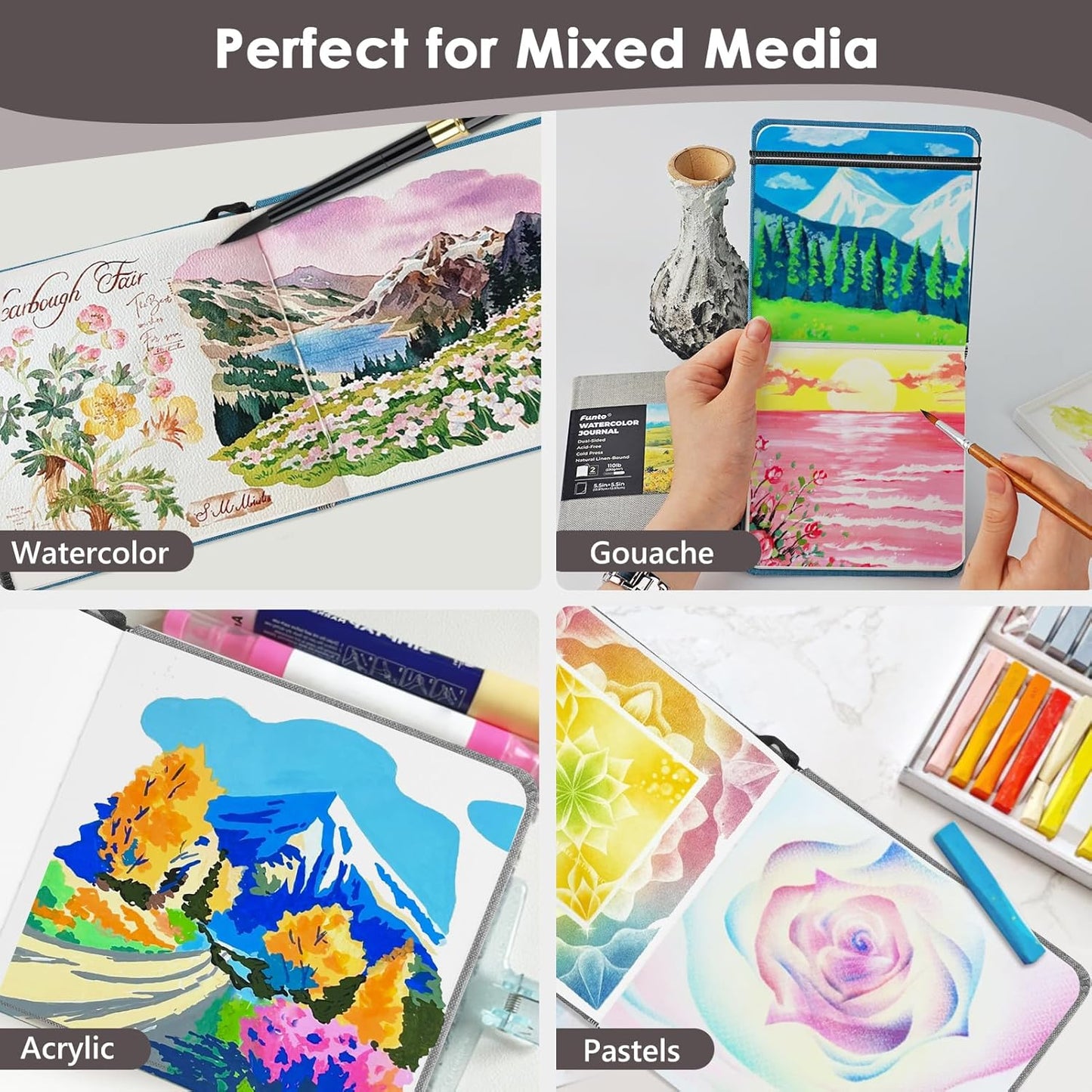 Funto Watercolor Journal, Square, 5.5x5.5, Portable 2-Pack, 48 Pages Each, Gray&Blue Cover, 110lb/230gsm, Art Supplies for Mixed Media