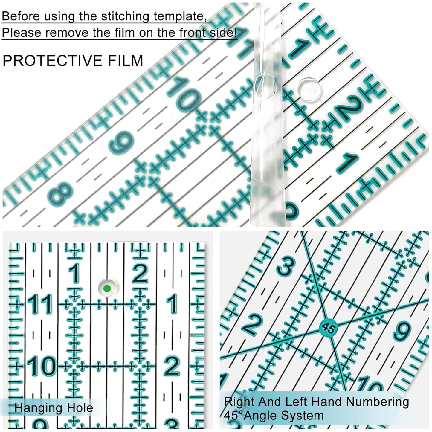 Quilting Rulers, Sewing Ruler, Acrylic Ruler for Sewing and Quilting,Cutting Ruler with Non-Slip Rings (3"x17",1.5"x17",3"x12",1.5"x10",1"x6") (Blue)