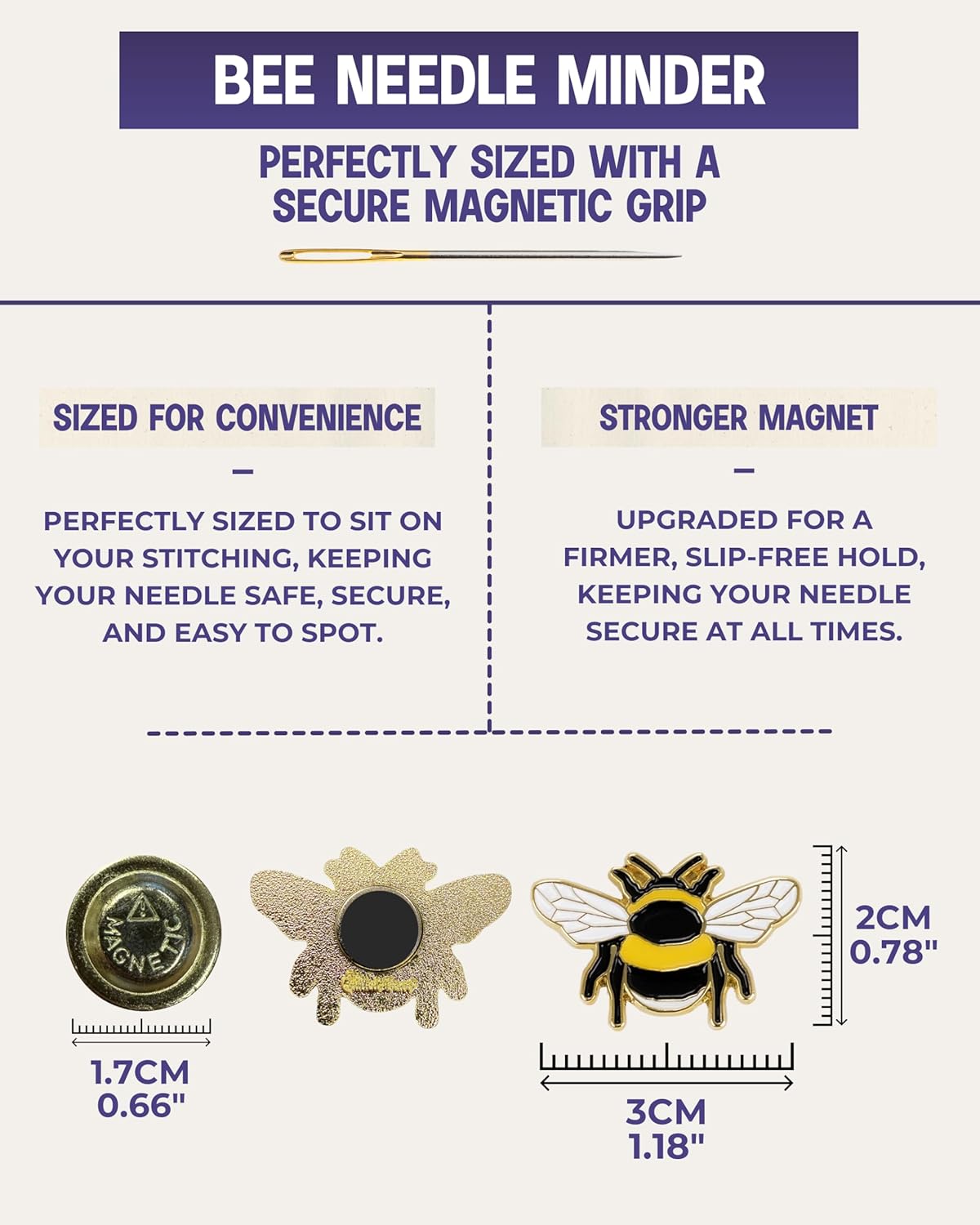 The Quilted Bear Needle Minder - Needle Minder Magnet for Keeping Sewing & Embroidery Needles, Cross Stitch Needles Safe - Stress Free Stitching Cross Stitch Supplies & Embroidery Supplies (Bee)