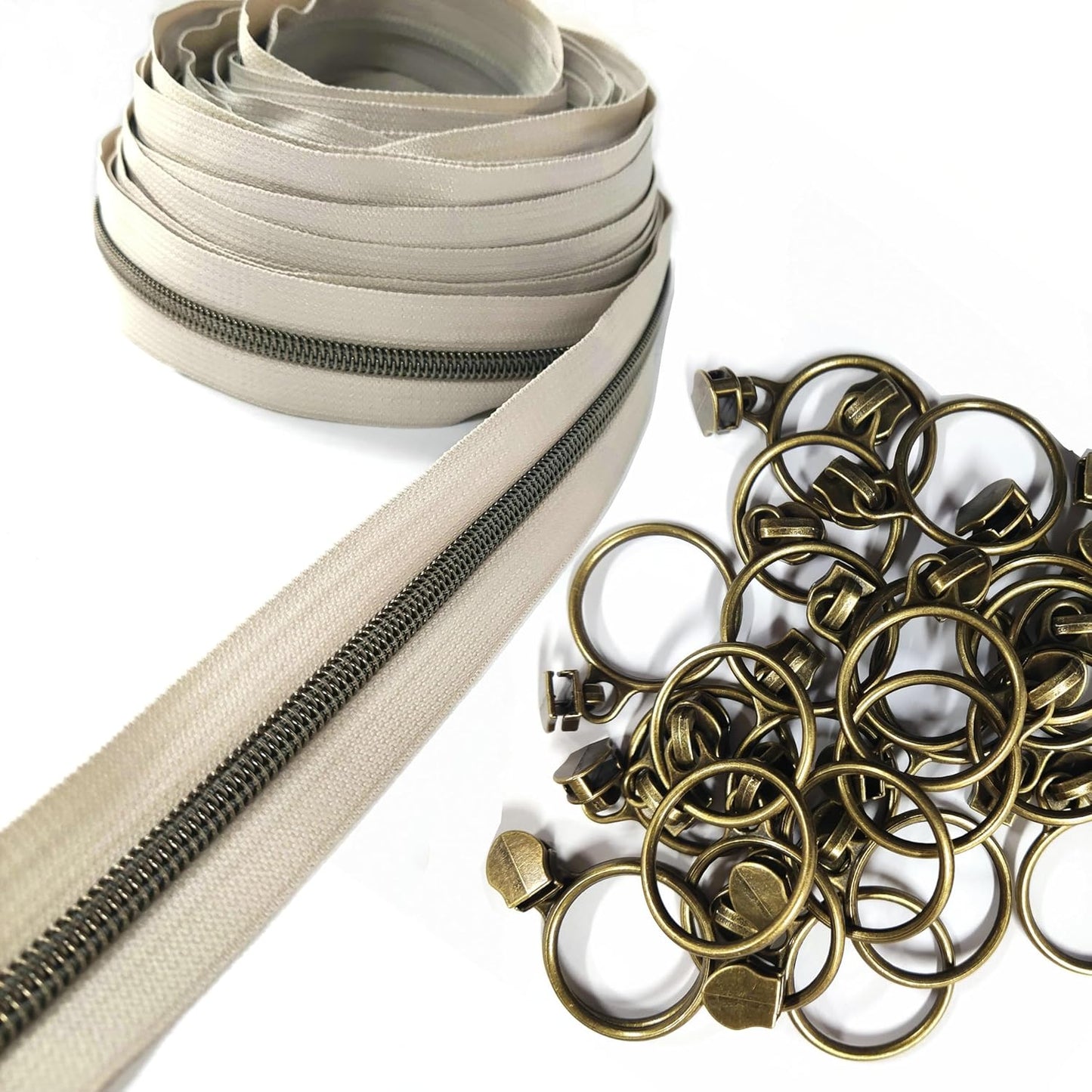 Leekayer #5 Antique Brass Metallic Nylon Coil Zippers by The Yard Bulk 10 Yards Beige Zipper Tape with 25pcs Antique Brass Ring Pull Sliders for DIY Sewing Tailor Craft Bag(Beige)
