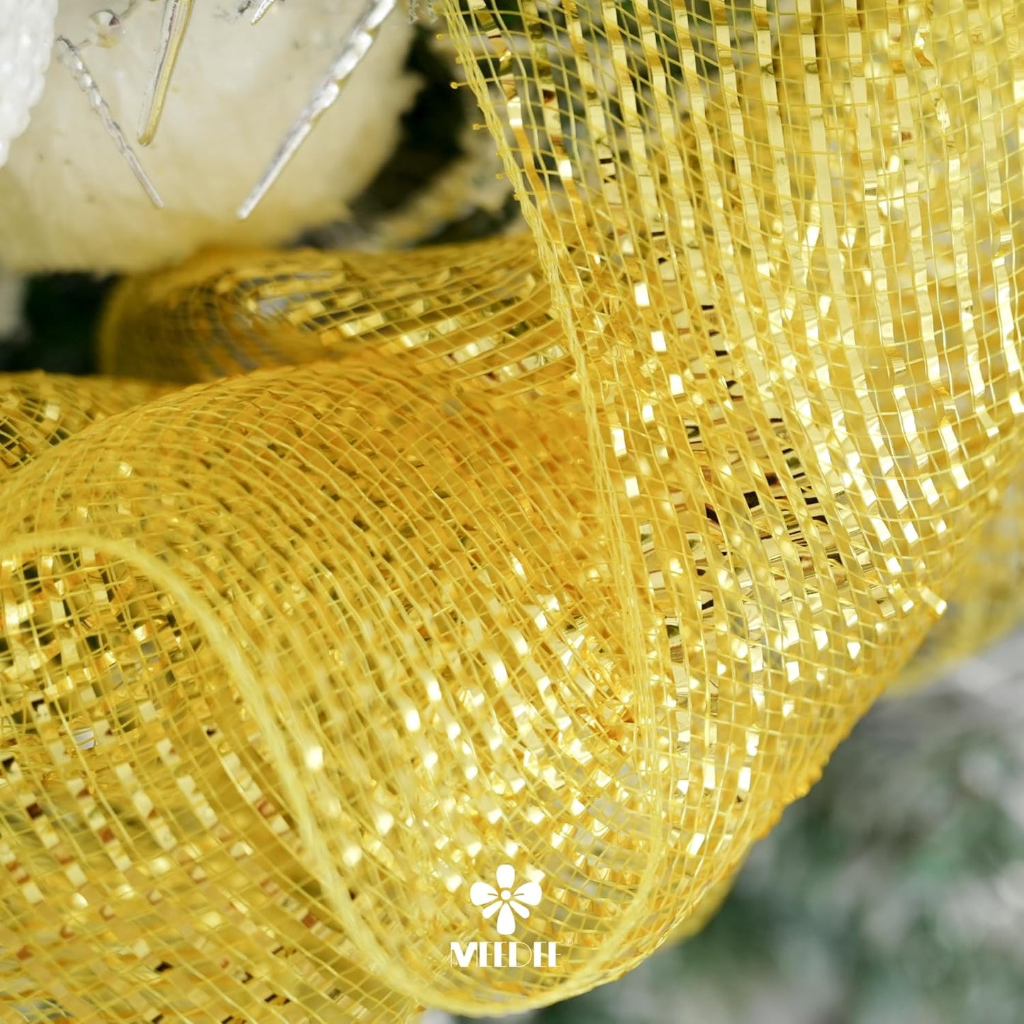 MEEDEE Gold Deco Mesh 10 Inch Deluxe Wide Foil Metallic Pull Up Mesh Yellow Gold Decorative Mesh Ribbon for Christmas Tree, Wreaths, Garland, Gift Wrapping, Bows Making (30 Feet)