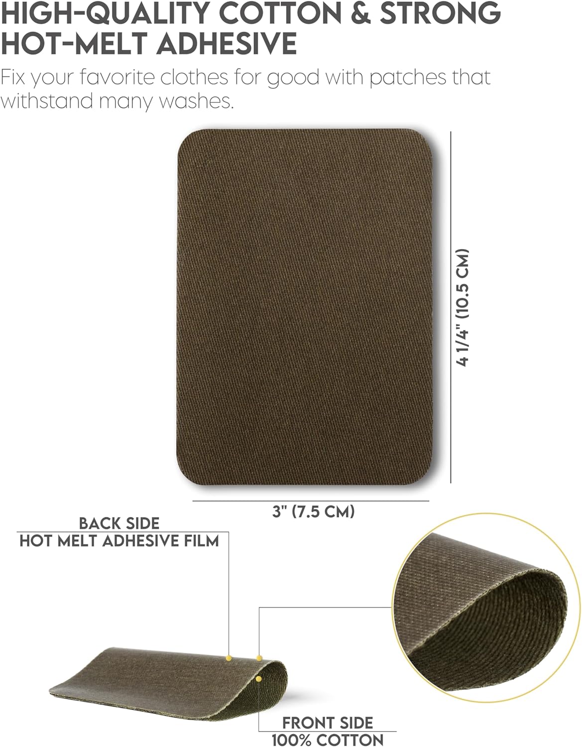 ZEFFFKA Premium Quality Fabric Iron-on Patches Inside & Outside Strongest Glue 100% Cotton Deep Blue Khaki Gray Brown Repair Decorating Kit 12 Pieces Size 3" by 4-1/4" (7.5 cm x 10.5 cm)