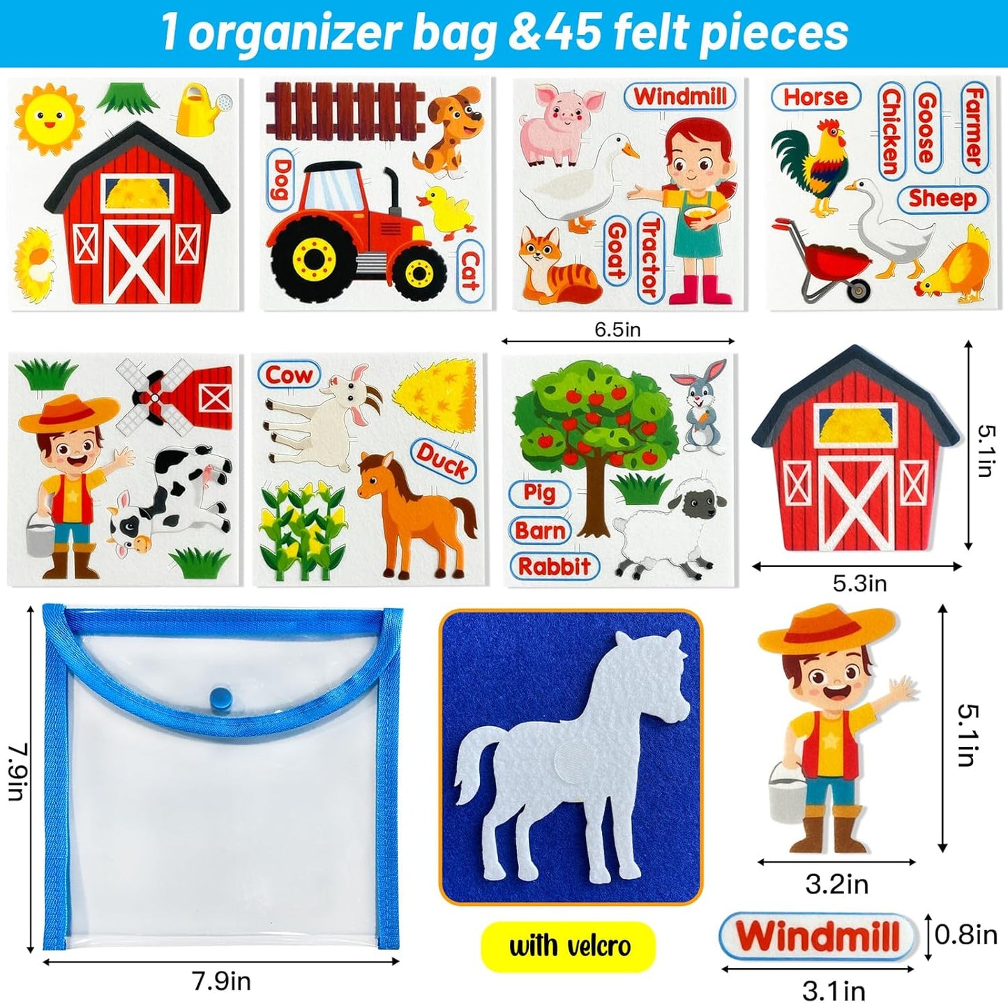Felt Flannel Board Story Pieces for Toddlers Preschool, Kids Interactive Storytelling Teaching Play Kits with Words Felt Pieces (New Farm)