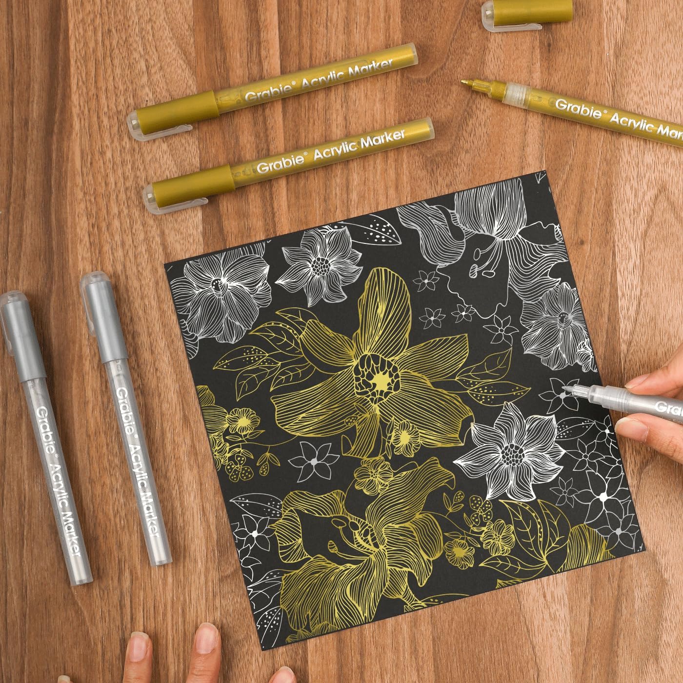 Grabie Gold&Silver Extra Fine Tip Acrylic Paint Marker Set, 6 Pack Gold Paint Markers, 0.7mm Acrylic Paint Pens for Black Paper, Halloween Pumpkin, Christmas DIY, Silver Pen(Gold&Silver)