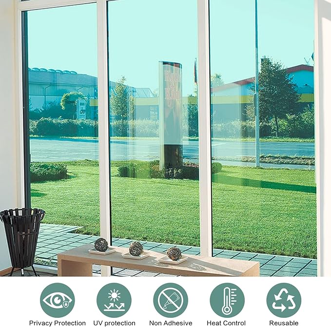 Filmgoo Window Privacy Film One Way Daytime Mirror Tint Treatments UV Heat Control Vinyl Stickers Sun Block Glass Paper Door Covering Reflective,Green Silver,17.5 Inch x 15.7 Feet