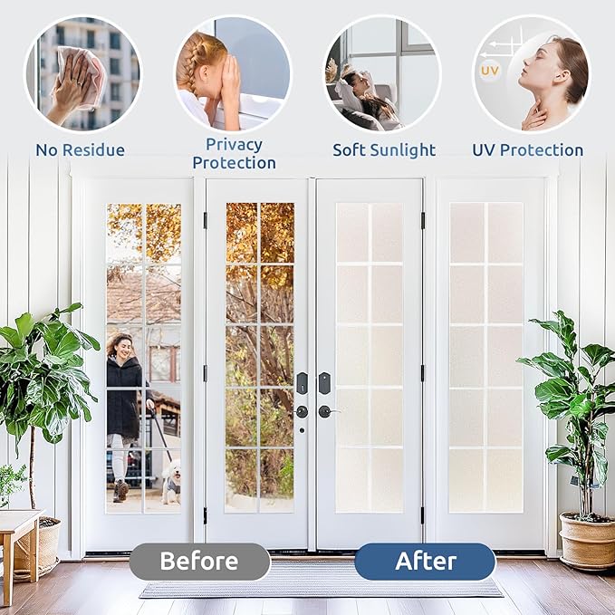 rabbitgoo Window Privacy Film for Glass Windows with Kit Decorative Clings UV Blocking Heat Control Static Cling Removable Bathroom Bedroom Door Home Coverings Pure, 23.6 x 157.4 inches