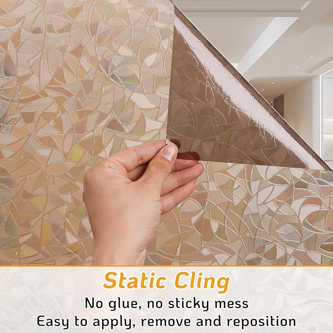 LUTE Window Privacy Film, Rainbow Window Flim, 3D Decorative Stained Glass Cling, Non-Adhesive Vinyl Static Cling Removable Glass Sticker, Sun UV Blocking Covering for Home, Brown, 35.4 x 78.7 inches