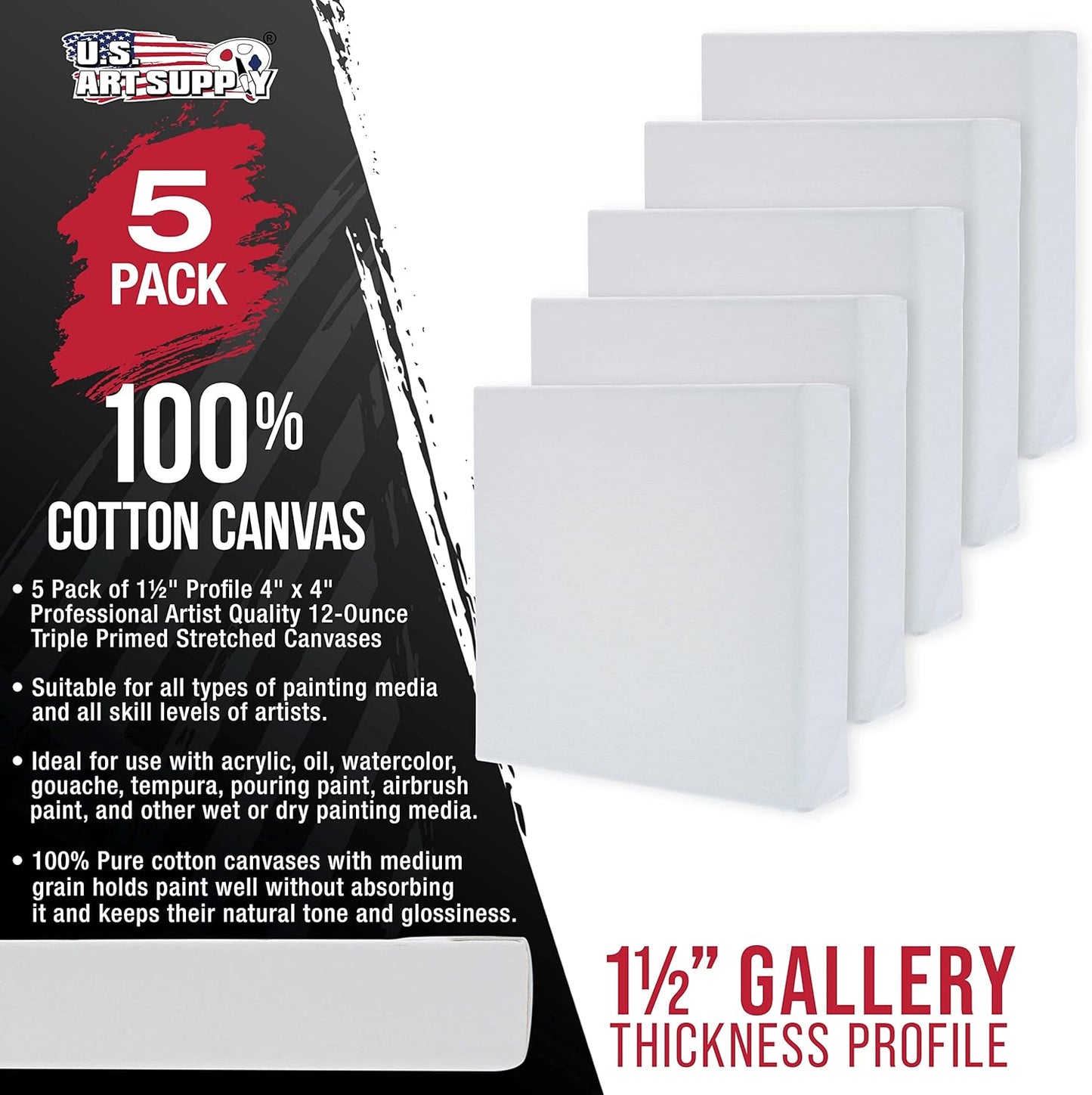 U.S. Art Supply 5-Pack Bulk Stretched Canvas for Painting 4 x 4 inch, Gallery Depth 1-1/2" Profile - 12oz Acrylic Gesso Triple Primed, Professional Artist Quality, 100% Cotton - Oil, Pouring Paint