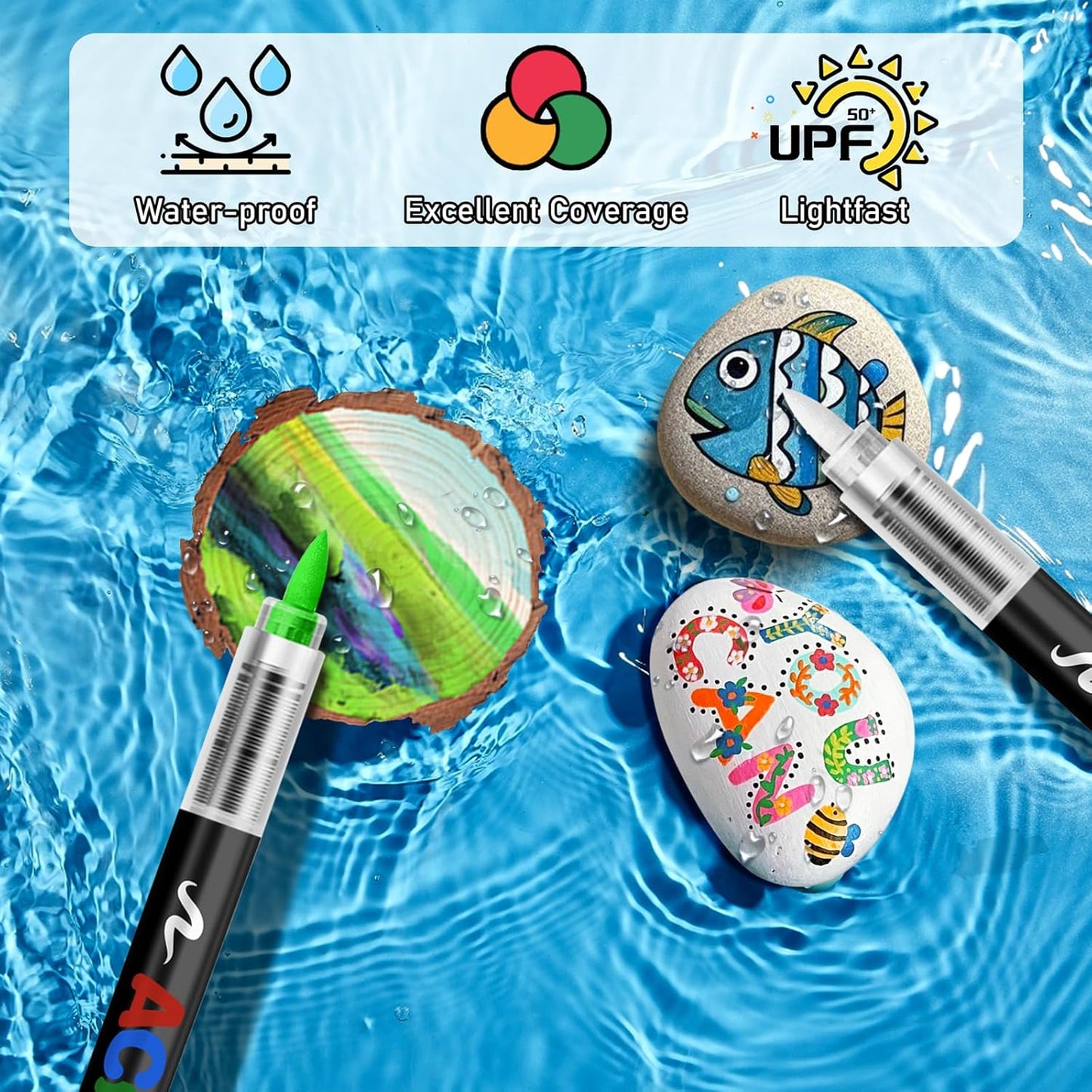 GOTIDEAL Acrylic Paint Markers Brush Tip,Waterproof Paint Pens acrylic Markers,No Bleed Acrylic Brush markers for Fabric,Wood,Rocks,Canvas Painting,Glass,Ceramic,Art Craft Supplies(48 Colors)