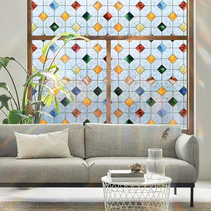 DKTIE Colorful Gem Lattice Pattern Decorative Window Privacy Film Rainbow Stained Glass Window Film Classroom Decor Renter Friendly Decor (S533, 29.5in X 118.1in)