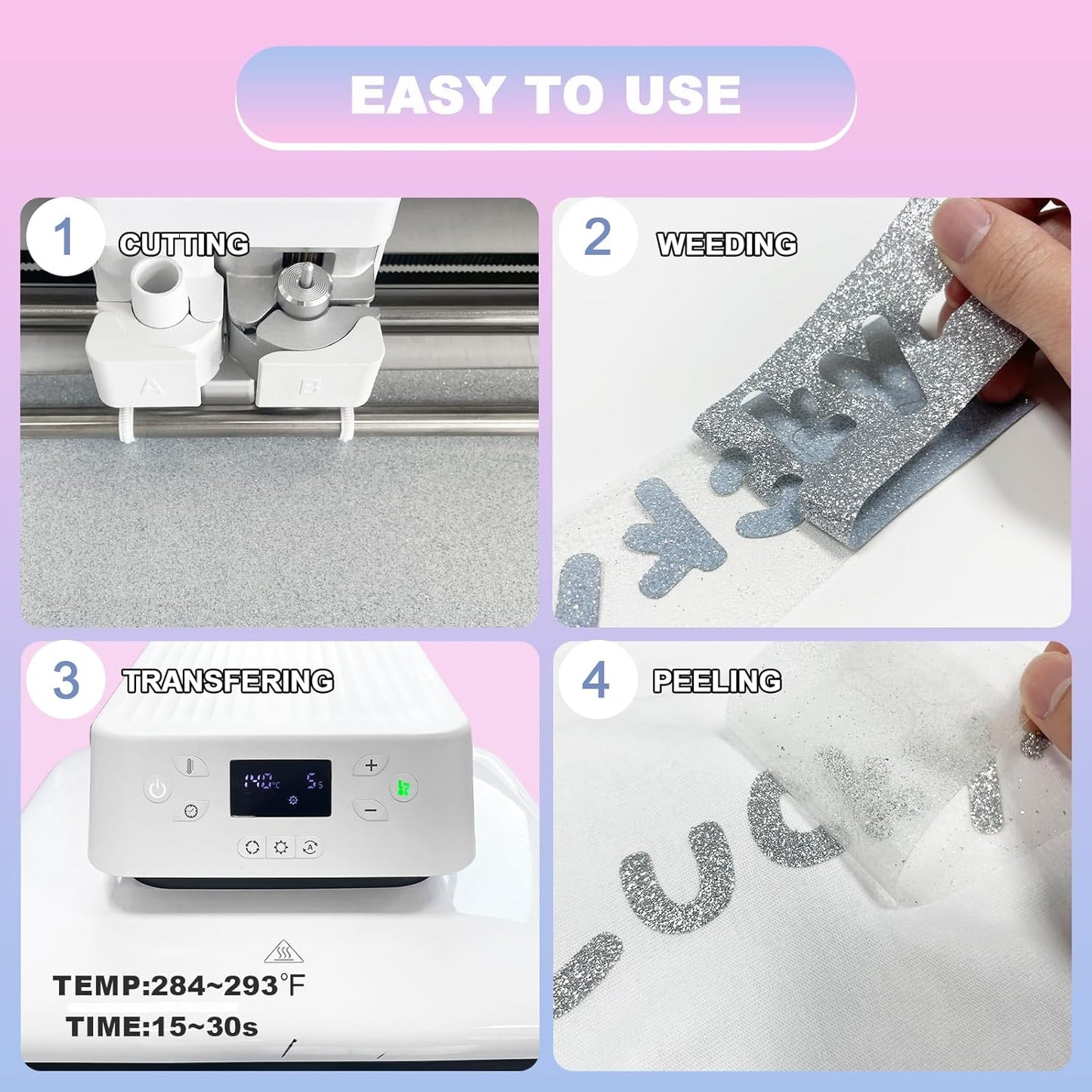 ASIMEROD Silver Glitter Heat Transfer Vinyl Rolls- 12" x 10ft. Silver Glitter Iron on Vinyl for DIY T-Shirts, Glitter for All Cutters, Heat Transfer Vinyl