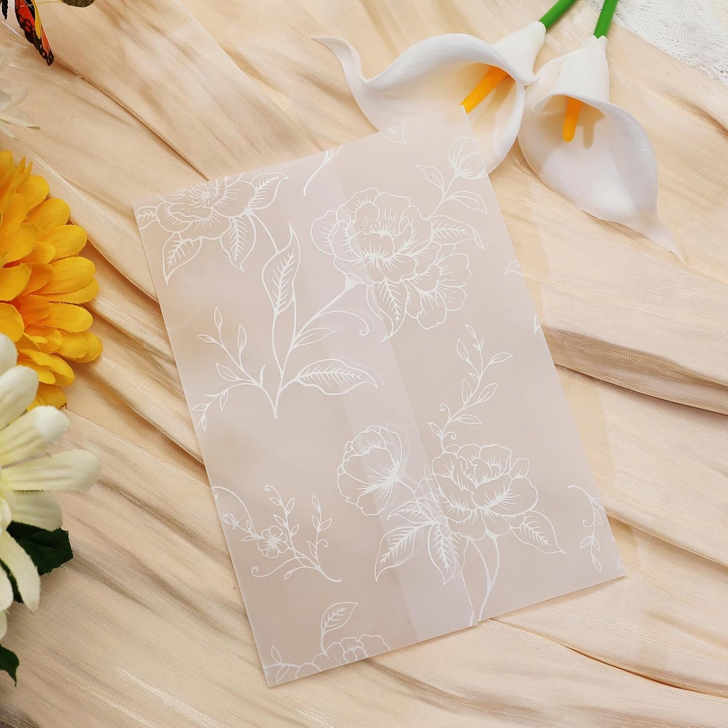 SWANGSA 50 Pack Vellum Jackets for 5x7 Invitations, Elegant White Rose Vellum Paper, 115GSM Translucent Invitation Sleeve Wraps for Wedding Bridal Baby Shower Birthday Envelopes