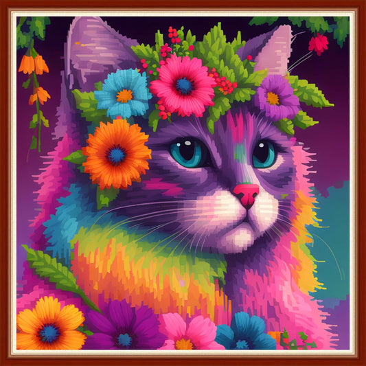 Dimensean Stamped Cross Stitch Kits Full Range of Embroidery Patterns Starter Kits for Beginners Adult or Kids DIY Cross Stitches Needlepoint Kits 11CT-Colorful Cat 17.7x17.7 inch