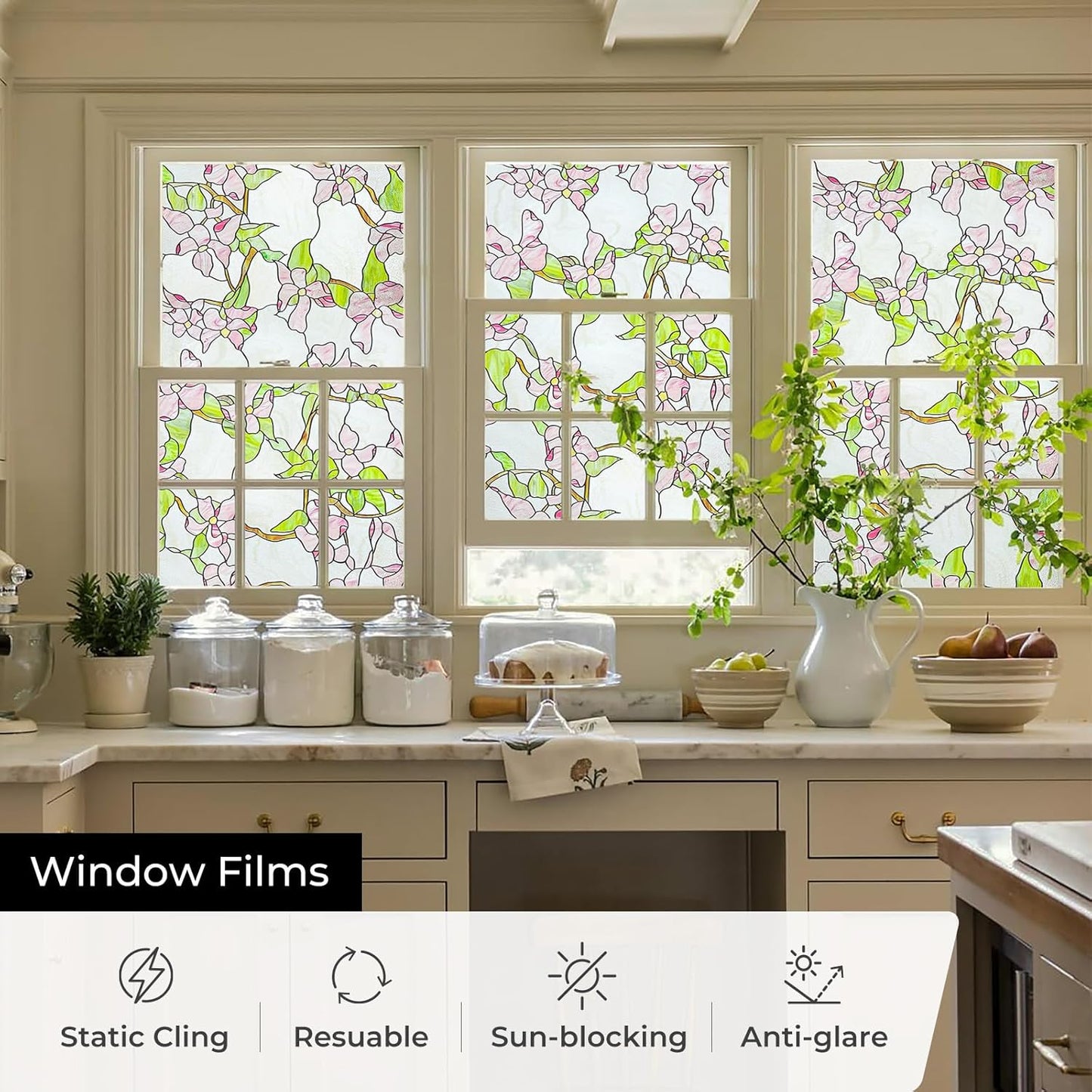 3D Stained Glass Window Film, Decorative Window Privacy Film for Bathroom,Front Door,Home, Sun Blocking Heat Control,Static Cling,23.6inch x 35.4inch Pink sprigs