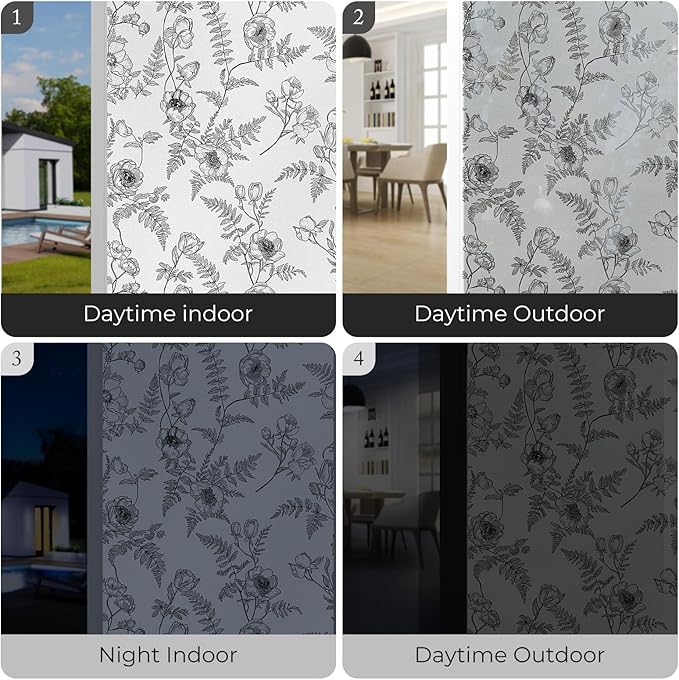 Window Privacy Film,Colorful Floral Window Stickers,Removable DIY Bouquet Static Clings, Decals for Home School Office Party Supplies,White Night Creeping, 17.3 x 78.7 in