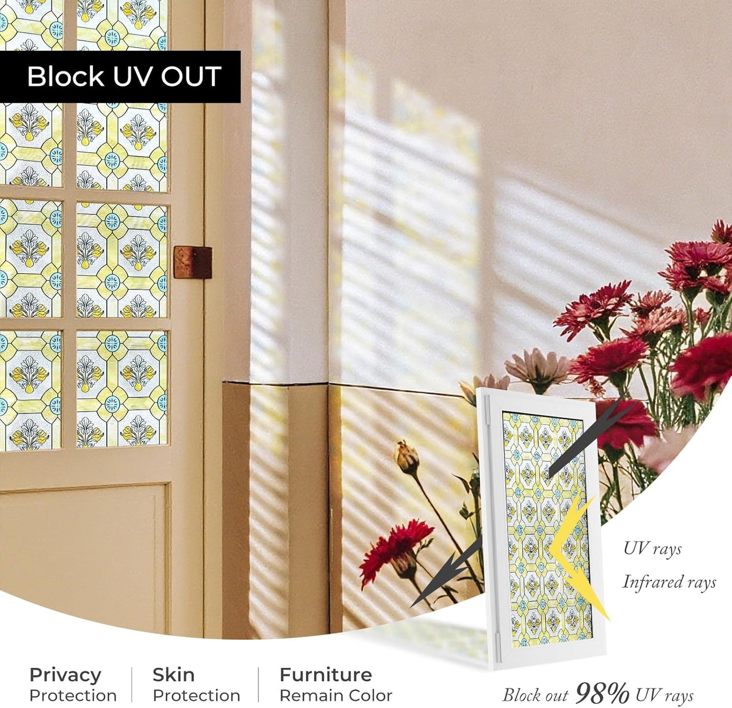 3D Stained Glass Window Film, Decorative Window Privacy Film for Bathroom,Front Door,Home, Sun Blocking Heat Control,Static Cling,23.6inch x 35.4inch Gilt Glazed Flowers