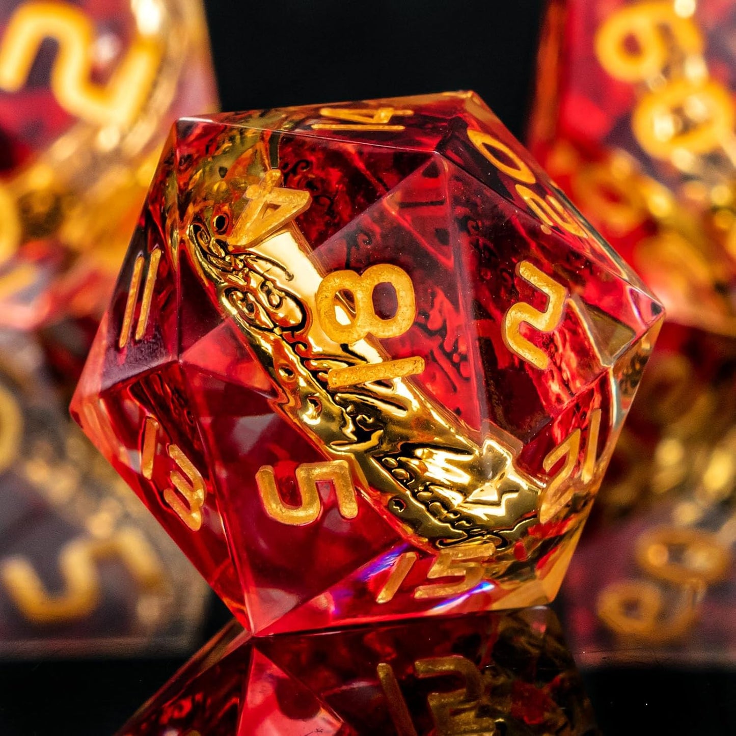 OUKELANWO Magic Lord Rings DND Dice Set with Box, 7Pcs Resin LOTR D&D Dice Set for Role Playing Game, Red Gold Dungeons Dragons D and D Sharp Edge Dice D20 D12 D10 D8 D6 D4