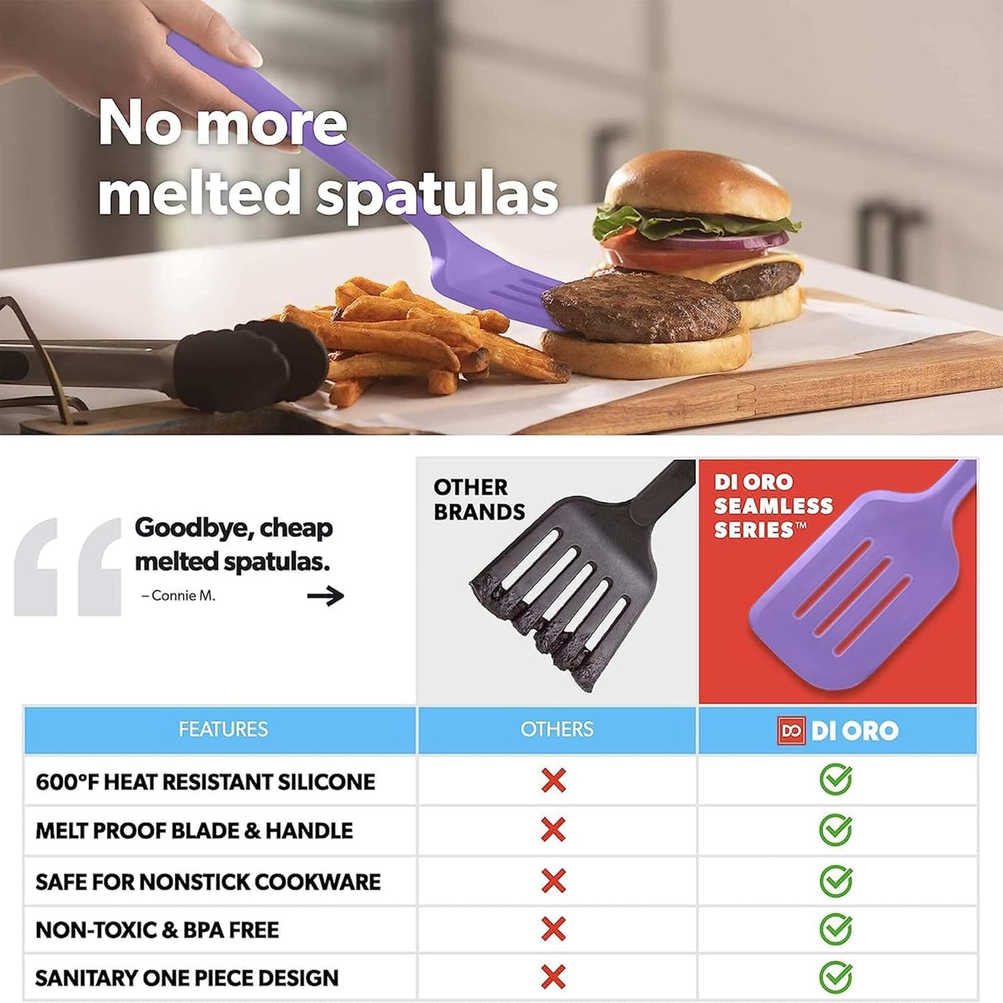 New DI ORO Silicone Turner Spatula Set - Kitchen Spatulas for Nonstick Cookware - Cooking Utensils for Flipping Eggs & Pancake - 600°F Heat-Resistant BPA Free Turners - Dishwasher Safe (4pc, Lavender)