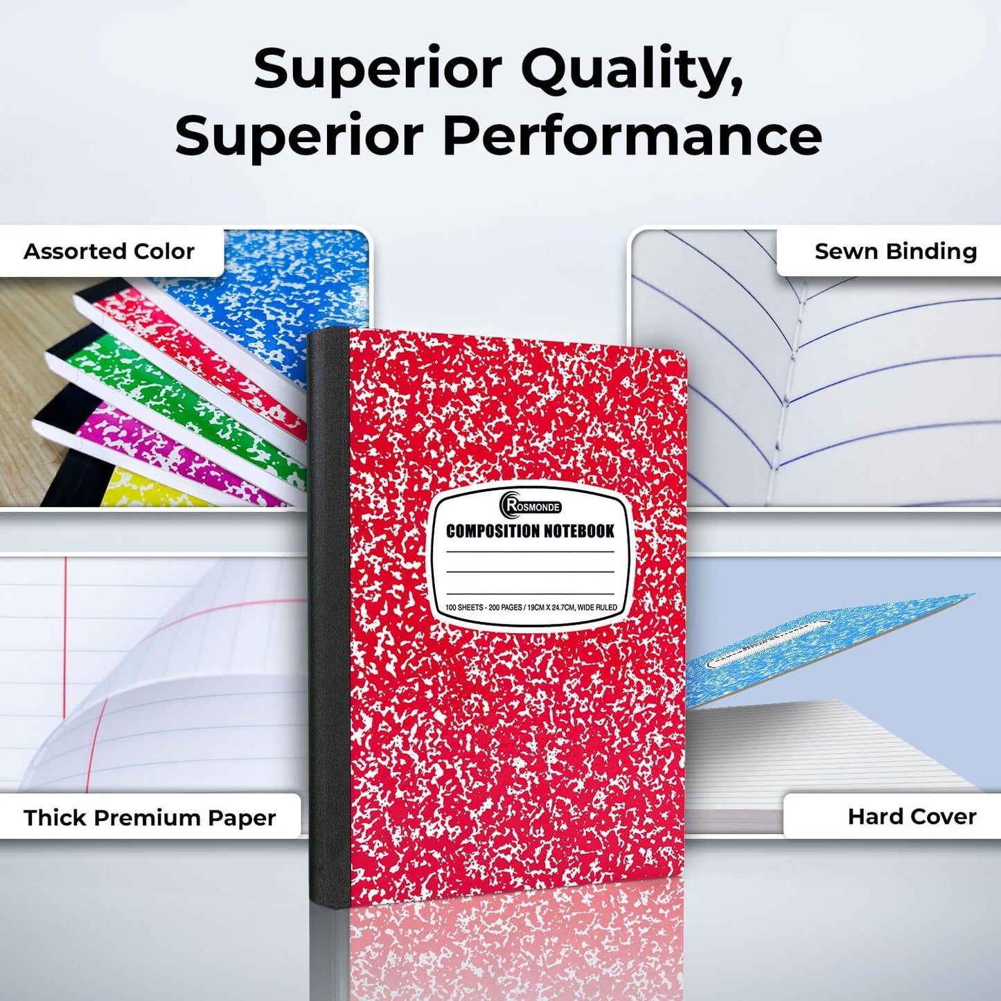 Rosmonde 1000 Pack (Pallet) Composition Notebooks Bulk, Wide Ruled, Pallet of Composition Notebooks, 200 Pages (100 Sheets), 9-3/4 x 7-1/2, Bulk Notebooks for School & Office, 4-7 Days Transit