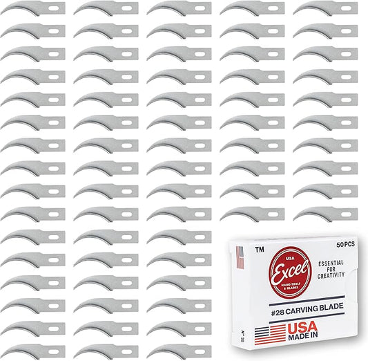 Excel Blades #28 Concave Carving Utility Blade Replacement - 50 Pack Carbon Steel Precision Hobby Blades Craft Knifes - Ideal for Model Making, Cosplay, Foam Carving, Trimming, and Woodworking