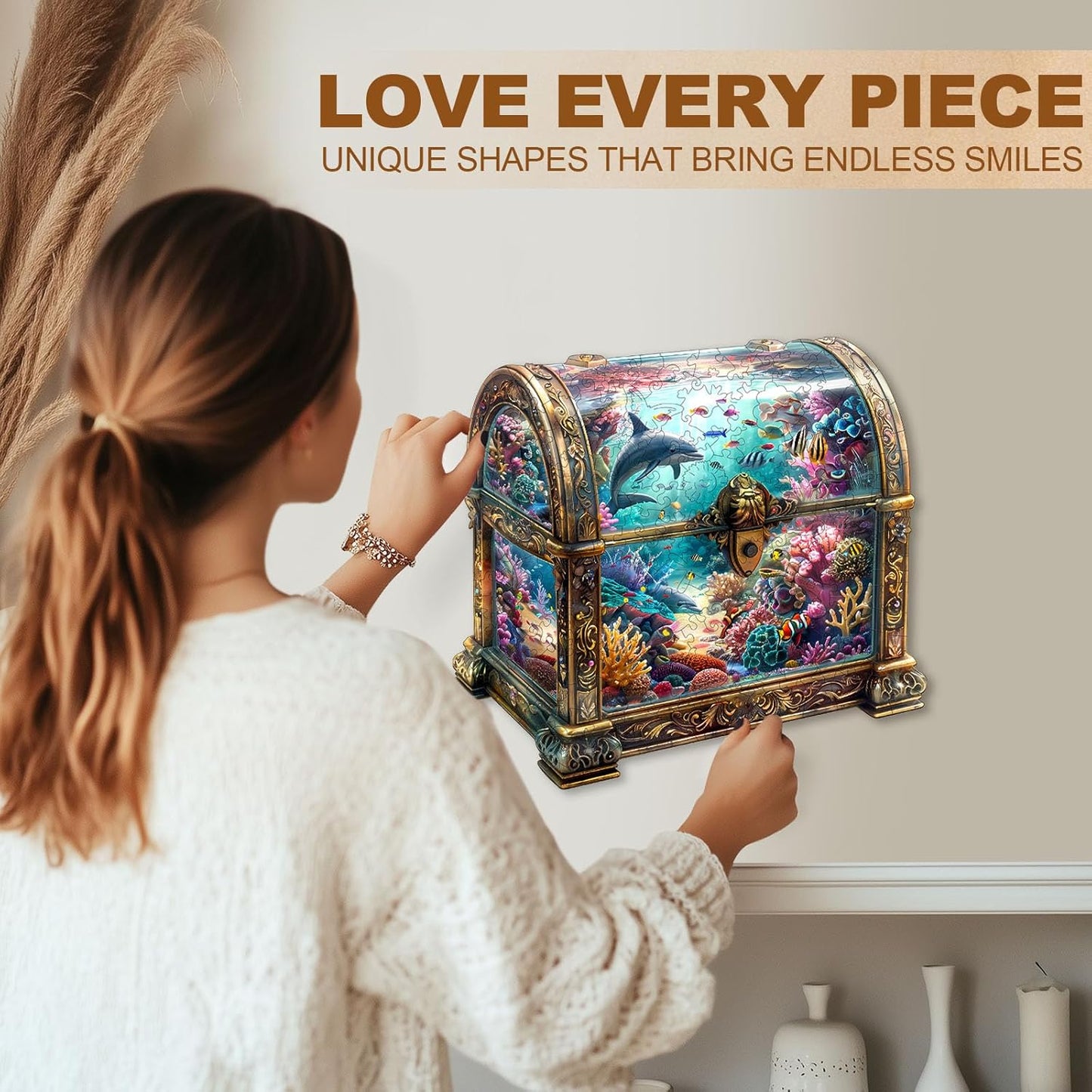 Wooden Puzzles for Adults, Treasure Chest Ocean Wooden Jigsaw Puzzle Unique Shape Animal Wood Puzzles Adult 3D Visual Effect, Birthday Gifts for Puzzle Lovers Family Games (L-13.4 * 12.9in-260pcs)